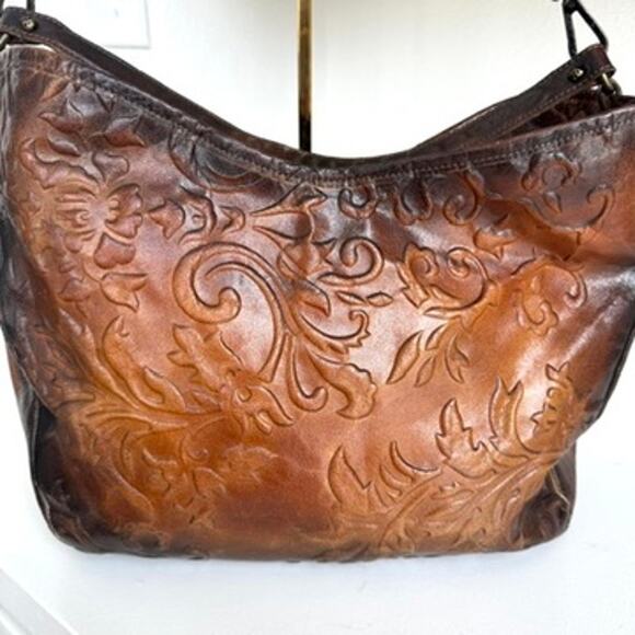 Civico93 Tooled Leather Shoulder Bag Brown Made in Italy Boho Western Tote - Picture 1 of 9